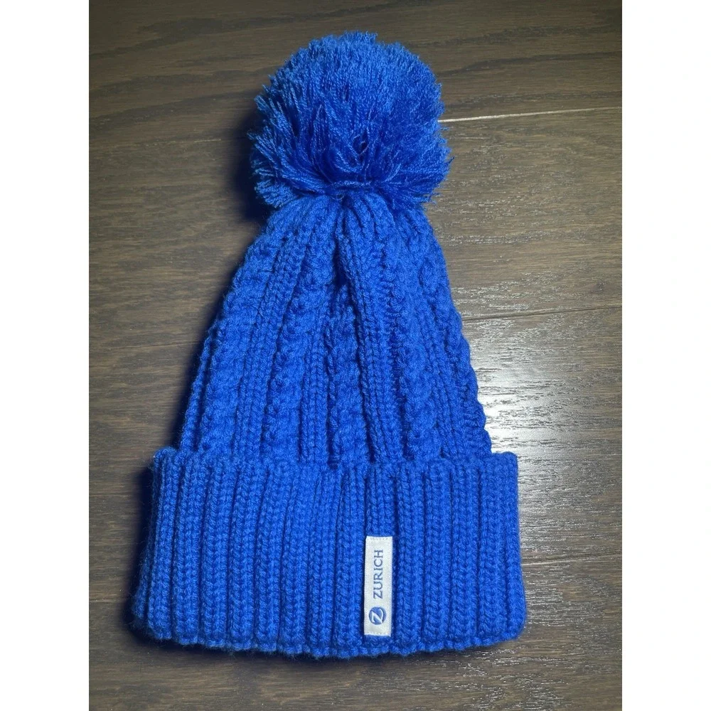 Zurich Beanie Bobble‎ Hat Blue Chunky Knit Made In Europe Wool Acrylic Blend